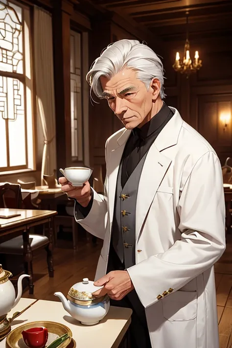 Medieval European reception room。An elderly man with gray hair making tea。Dr. Brennan in his white coat。