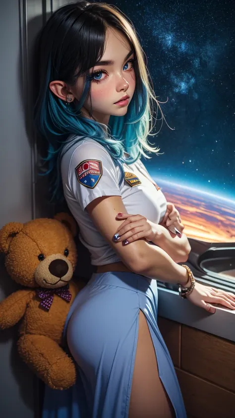 close-up photo of a young woman, cartoon girl in space suit with teddy bear, vertical anime skirt, astronaut girl image, molly a...