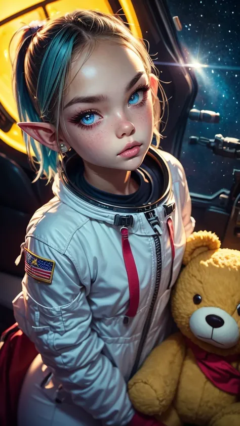 Close-up photo of a young woman, Cartoon girl in space suit with teddy bear, Vertical Anime Skirt, astronaut girl image, Molly Area, Star Guardian inspired, Short light blue hair, blue eyes, Elf race, 