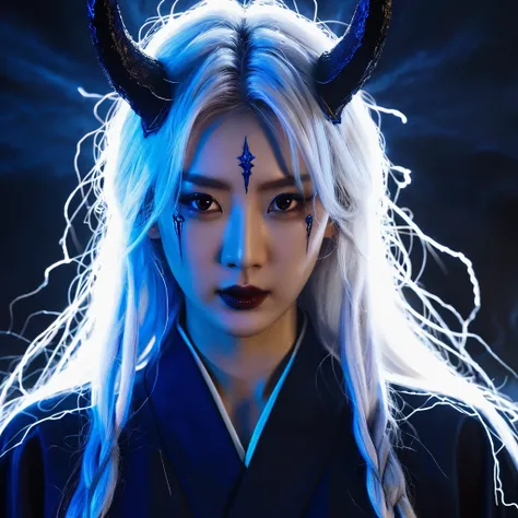 I want a human with eyes covered by a lightning aura and a woman of Japanese ethnicity, I want her to have a hideous smiling expression, and an extremely strong blue demonic aura that surrounds his entire being, this woman has two horns that are covered by...