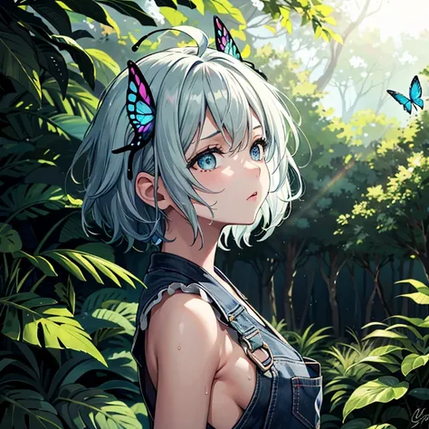 ((One Girl)), Green Hair、Short Bob、Light blue eyes、Hair blowing in the wind、Big Ahoge、Big eyes、(butterfly hair accessories)、((Oily black skin))、17 years old、Blue Overalls、Looking Back、Only the upper body is visible、Pleading Face、in the forest、Under the bla...