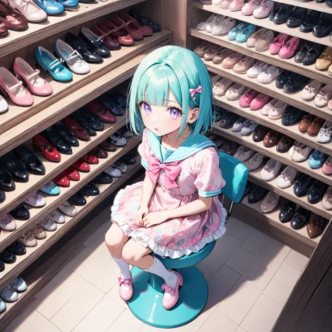 1 idol,solo,amazing quality, aesthetic,ultra-detailed face,detailed eyes,lash extension,13yo,aqua hair,short hair,straight hair,blunt bangs,Purple eyes,lash extension,tense,parted lips,(floral pattern dress,sailor collar lolita fashionin(pink:1.4),Short sl...