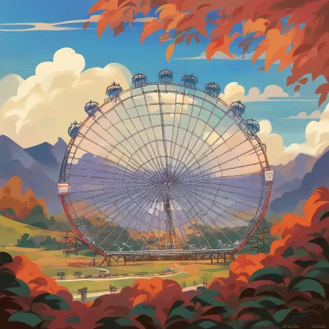 The scenery outside the window of the gondola at the top of the Ferris wheel, can see roller coasters, carousels, haunted teacups, and more, distant view, outside the amusement park is a residential area, mountains can be seen in the distance, amusement pa...