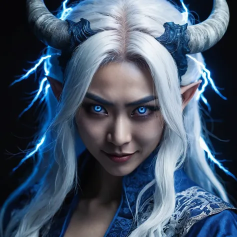 I want a human with eyes covered by a lightning aura and a woman of Japanese ethnicity, I want her to have a hideous smiling expression, and an extremely strong blue demonic aura that surrounds his entire being, this woman has two horns that are covered by...