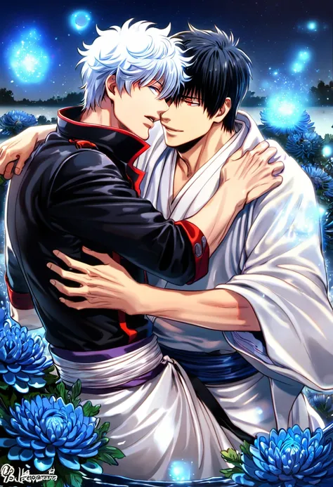 absurdres, highres, ultra detailed, HDR, master piece, best quality, extremely detailed, Sakata Gintoki, white hair, expressive red eyes, Gintama, Hijikata Toshiro, black hair, expressive blue eyes, two sexy men together, yaoi, gay couple, handsome, white ...