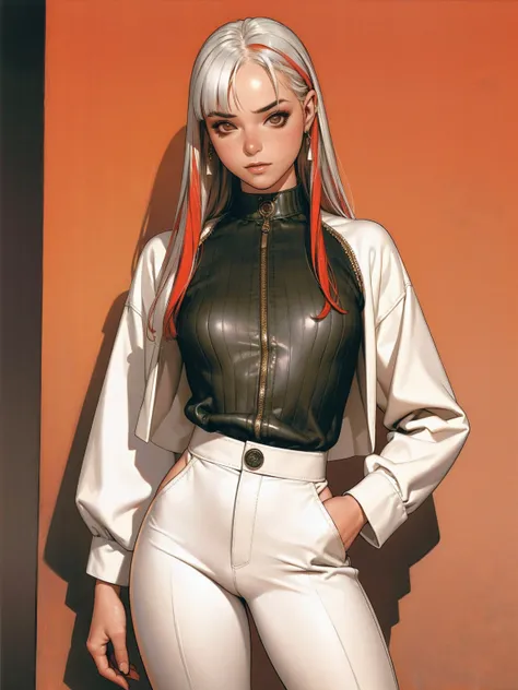 (best qualityer))), (((manga strokes))), (((long white hair with straight bangs and red highlights))), (((wide pants with 2 side stripes))), uma Kizi jovem muito bem vestida com roupas modernas de inverno, top gift vertical stripes, short jacket with dark ...