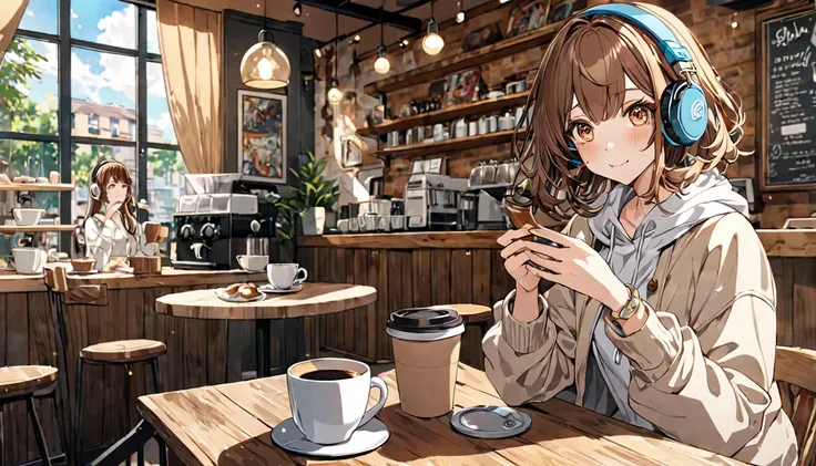 Brown-haired girl wearing headphones、A day in the cafe - very detailed、masterpiece, Highest quality, Bright - on a cafe background、Relaxed facial expression、Casual clothing、Coffee cup in hand
(Detailed fingers), (Emotional), (Breathtakingly beautiful), (ma...