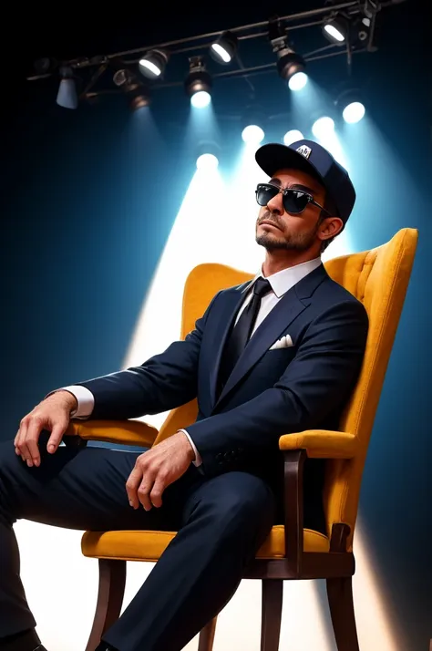 dictator,Drop Sunglasses,,Blue baseball hat,Black suit,Black tie,White shirt,Blue Dragon,Black Background,Spotlight,Sitting in a chair,front,whole body,Hands clasped