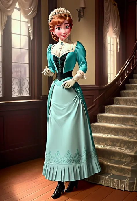 year 1900. princess anna as a hot 15yo teenage socialite. gibson girl hairstyle. hat, dress, gloves, silk stockings, boots. lift...