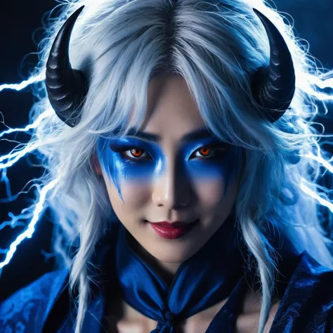 I want a human with eyes covered by a lightning aura and a woman of Japanese ethnicity, I want her to have a hideous smiling expression, and an extremely strong blue demonic aura that surrounds his entire being, this woman has two horns that are covered by...