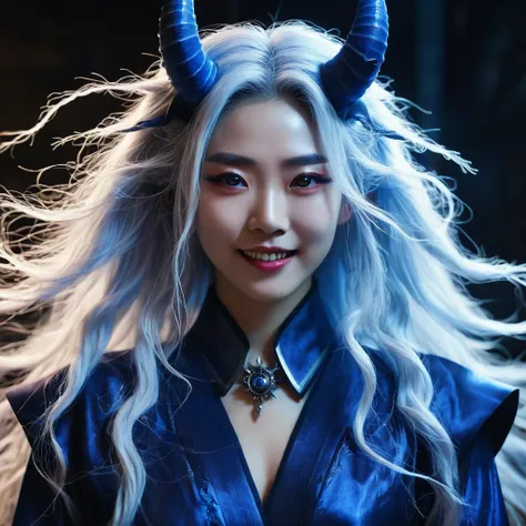 I want a human with eyes covered by a lightning aura and a woman of Japanese ethnicity, I want her to have a hideous smiling expression, and an extremely strong blue demonic aura that surrounds his entire being, this woman has two horns that are covered by...