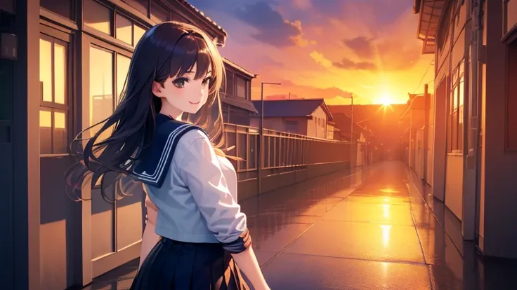 Long Hairで歩く女の子,Rear view,In heaven、In town、Sunset、Slope、(Highly detailed CG Unity 8K wallpapers, Highest quality, Very detailed, High resolution, masterpiece, Realistic, photoRealistic:1.5), (Cute Japanese Girl), Very detailed顔, Face Focus, Beautiful atte...