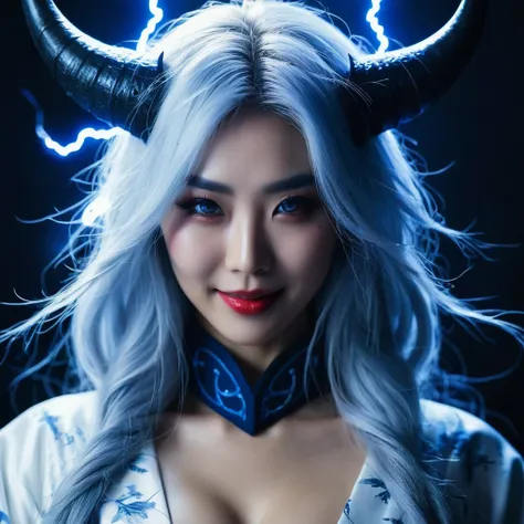 I want a human with eyes covered by a lightning aura and a woman of Japanese ethnicity, I want her to have a hideous smiling expression, and an extremely strong blue demonic aura that surrounds his entire being, this woman has two horns that are covered by...