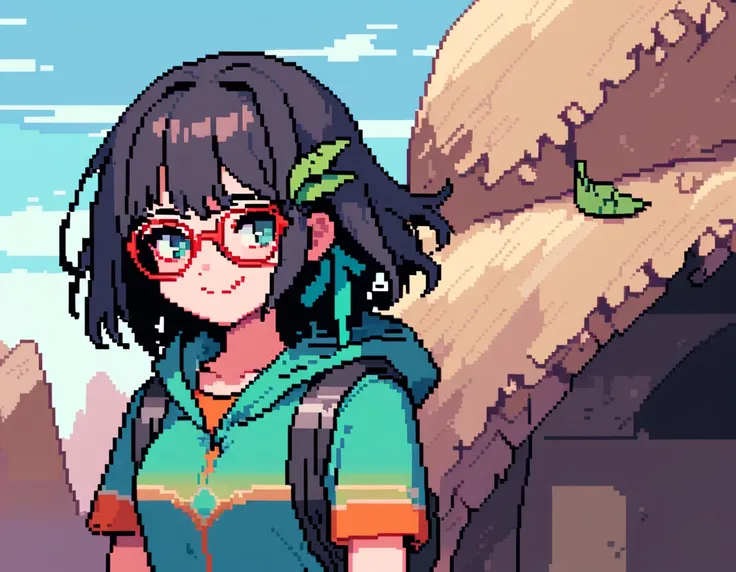 (masterpiece),(best quality),very aesthetic,(ultra-detailed),(retro 8-bit pixel art),(chibi:1.4),Collapsed civilization,1girl,25yo,slender,tall,medium hair,black hair,natural wave hair,flipped hair,dark green eyes,comfortable,smirk,(glasses,straw hat with ...