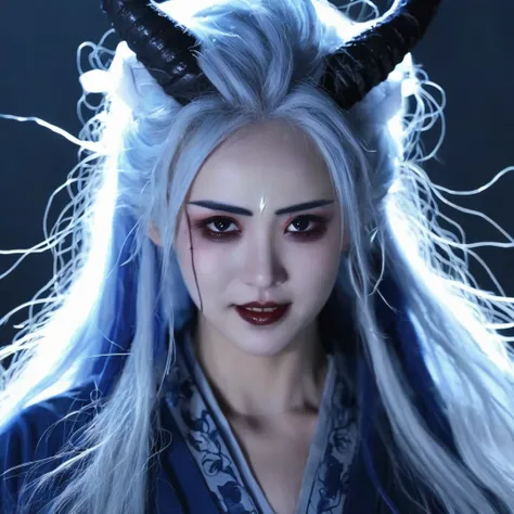 I want a human with eyes covered by a lightning aura and a woman of Japanese ethnicity, I want her to have a hideous smiling expression, and an extremely strong blue demonic aura that surrounds his entire being, this woman has two horns that are covered by...