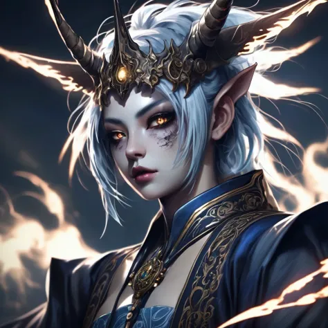 I want a human with eyes covered by a lightning aura and a woman of Japanese ethnicity, I want her to have a hideous smiling expression, and an extremely strong blue demonic aura that surrounds his entire being, this woman has two horns that are covered by...