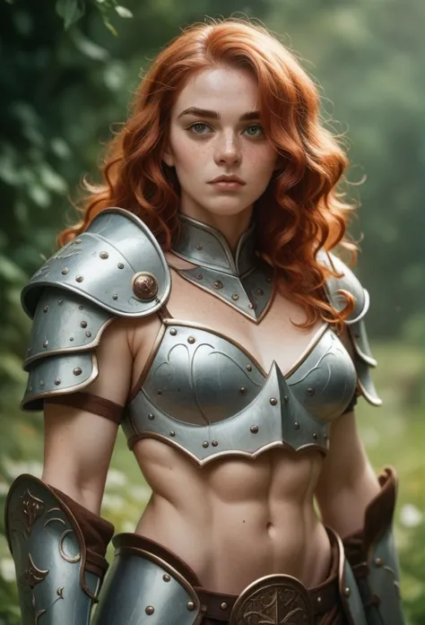 ((high resolution)), ((pale skin)), freckled, redhead ((19 year old)) girl, ((medium breasts)), six pack abs, thin body, long wavy hair, as a fantasy warrior, sexy armor