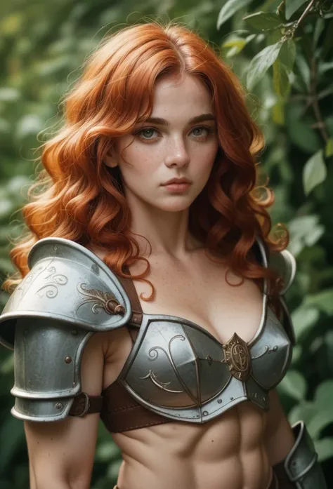 ((high resolution)), ((pale skin)), freckled, redhead ((19 year old)) girl, ((medium breasts)), six pack abs, thin body, long wavy hair, as a fantasy warrior, sexy armor