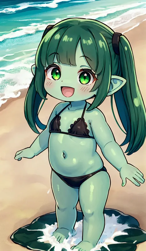 ((one person)), a little demi-human girl, Baby Face, Short limbs、Dwarf ears, Long Hair, ((Green Skin)), Very detailed, ((masterpiece, Highest quality;1.3)) , Black Bikini,  laughing、Ocean、Playing on the beach