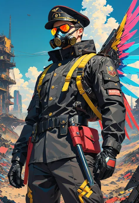 (masterpiece, best quality:1.1), (ultra highres, ultra-detailed:1.2),pop-art,flatcolor, one boy,male officer,(boy pose),(black military cap,military Gasmask,black gloves,many gear shaped button,has (Tonfa-shaped blade),(mechanical wings),),neon-colored Mec...