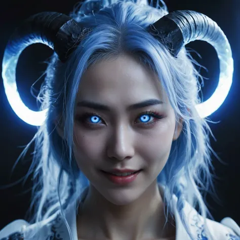 I want a human with eyes covered by a lightning aura and a woman of Japanese ethnicity, I want her to have a hideous smiling expression, and an extremely strong blue demonic aura that surrounds his entire being, this woman has two horns that are covered by...