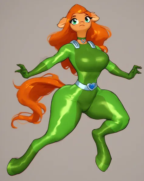 score_9,score_8_up,score_7_up,score_6_up,score_5_up,score_4_up,rating_questionable,sam (totally spies)  as a anthro unguligrade pony,pony,feral,orange hair,long hair,choker,green bodysuit,belt,skin tight,green gloves,alluring pose,cute face,fluffy ears,bim...