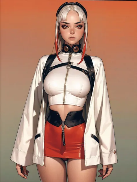 (best qualityer))), (((manga strokes))), (((white bob hair with straight bangs and red highlights))), (((printed dental floss))), uma Kizi jovem muito bem vestida com roupas modernas de inverno, top gift vertical stripes, short jacket with dark fur collar,...