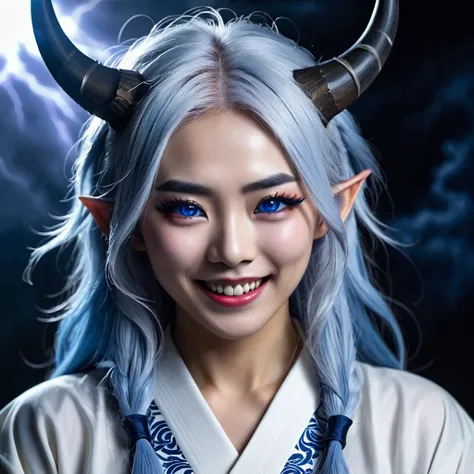 I want a human with eyes covered by a lightning aura and a woman of Japanese ethnicity, I want her to have a hideous smiling expression, and an extremely strong blue demonic aura that surrounds his entire being, this woman has two horns that are covered by...