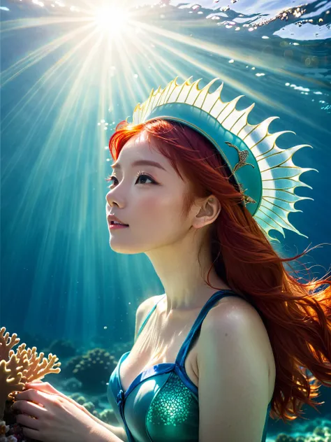 ((mermaid)), (linda), (redheadwear), (真实感), great lighting, ocean, rays of sunlight