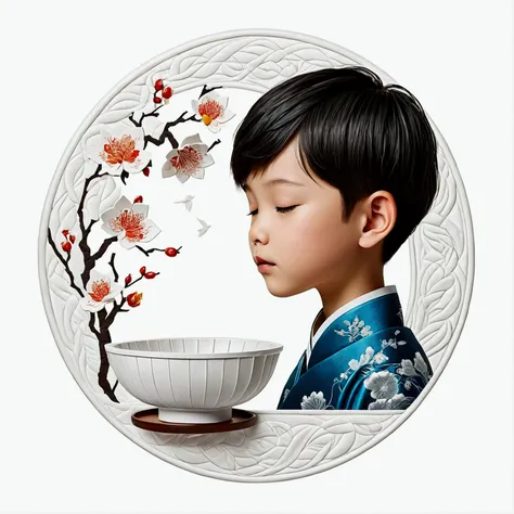 (White Background:1.4),(boy&#39; Profile picture, close your eyes, White Bowl Shorthair, A small braid was left，Oriental elements)，(Chinese illustration:1.3，Quilting Paper Craft:1.2),( Affordable logo design, Clear lines, High resolution,Highest quality, V...