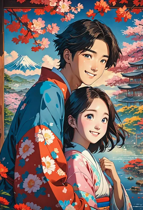 Two South Korean teenagers, a young man and woman side by side, sharing a common perspective as they synonymously slump on one anothers shoulders, their evocative smiles peeking faintly yet present, framed with a backdrop that mimics the style of Japanese ...