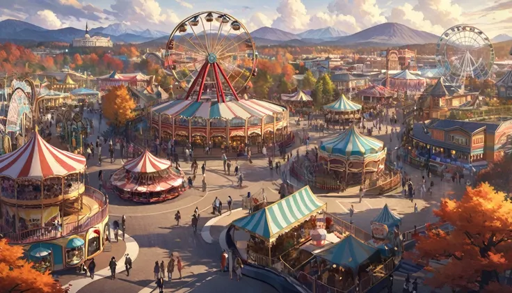 The scenery outside the window of the gondola at the top of the Ferris wheel, can see roller coasters, carousels, haunted teacups, and more, distant view, outside the amusement park is a residential area, mountains can be seen in the distance, amusement pa...