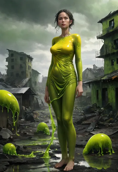 Being naked at work, After the end of the world，Everything melted into goo, Mucous substance, A woman stands in the foreground. Her bright yellow-green dress, Plastic green top, Slimy green plastic leggings, Gelatinous. The landscape behind her is a mixtur...