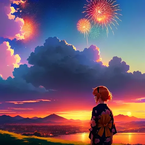 anime, anime girl,yukata、Orange、Orangeのyukata、夜null, firework, Mountain々, null, fireworkを眺める. anime, Makoto Shinkai Cyril Rolland, 4k anime wallpaper, anime wallpaper 4k, anime wallpaper 4 k, Looking at sunset, anime art wallpaper 4 k, anime art wallpaper ...