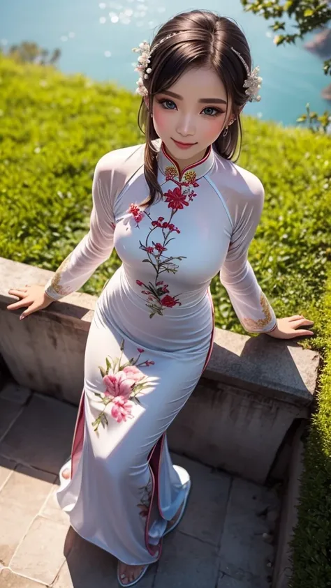 masutepiece, Best Quality, hight resolution,portlate, (((detail portrayal、8K resolution))), (((Beautiful face drawn in detail))),Full Body Angle,Smirking expression、独奏, bright light blue eyes, Beautiful silky silver hair、(((Beautiful ao dai:1.3、ao dai,Beau...