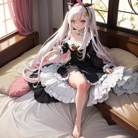 Long-haired anime girl sitting on the bed, Cat ears, From the girl front, Cute anime girl in beautiful clothes, Attractive anime girl, White-haired god, Fine details. Lolita in a skirt, Anime 4k  