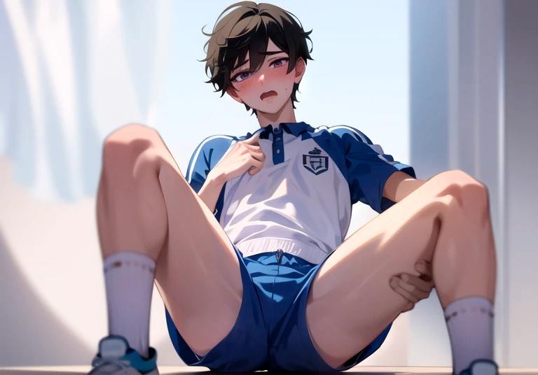 absurdres, (masterpiece:1.2), best quality, 1boy, man, mature, fluffy black hair, bangs, violet eyes, cute, bishounen, soccer un...