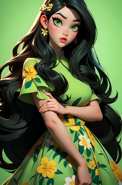 Mabel, long hair, flower dress, green eyes, black hair
, big lips, 