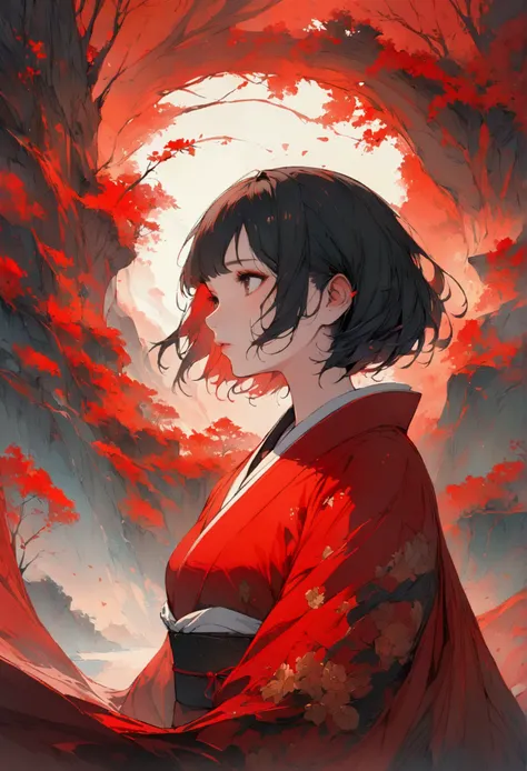 (Detailed and top quality illustrations:1.2), (pretty girl:1.0), (1 girl, alone:1.0), (Black short hair:1.0), (Red kimono:1.0), (Upper Body:1.0), (Very detailed, High resolution, 4K:1.0),