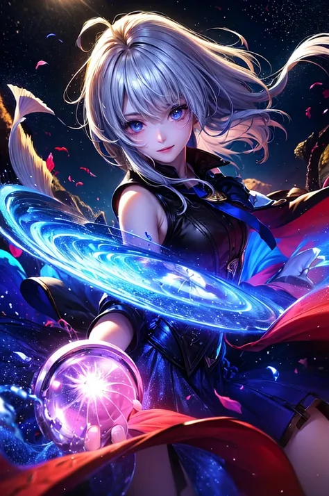 woman(student, 15 years old, ＪＫ, Short silver hair floating, Space-colored eyes, school black uniform, Pale skin, Tired face、lack of shine in the eyes) Looking up at the sky, Many cute little goldfish with shiny red scales are swimming in the air, Transpar...