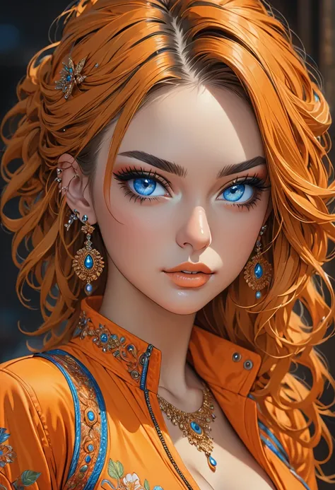 nose piercing, standing,  jewelry, orange jumpsuit (insanely detailed, beautiful detailed face, masterpiece, best quality), cleavage, piercing blue eyes