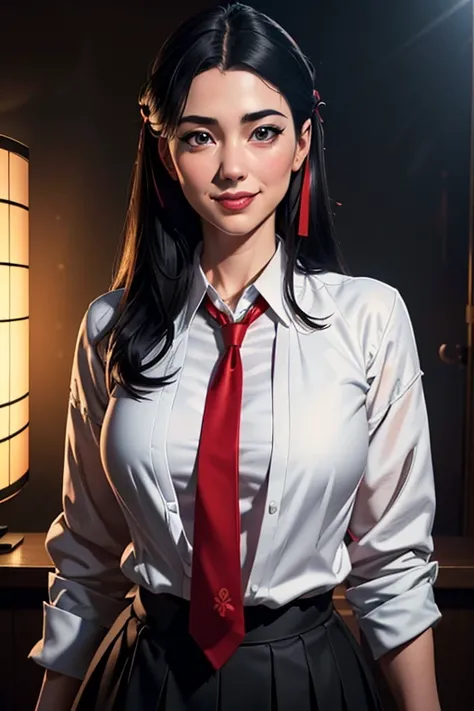 1girl,japanese  uniform,white blouse,red necktie,black jacket,short gray skirt,long black hair,hair ribbon,friendly smile,relaxed pose,(best quality,8k,highres,masterpiece:1.2),ultra-detailed,(realistic,photorealistic,photo-realistic:1.37),studio lighting,...