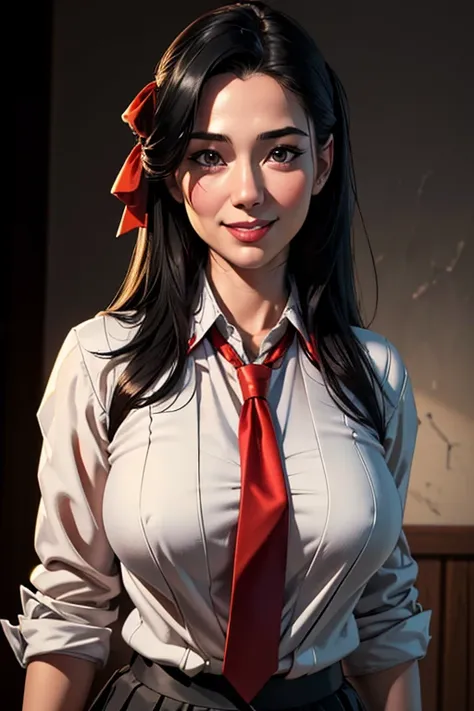 1girl,japanese  uniform,white blouse,red necktie,black jacket,short gray skirt,long black hair,hair ribbon,friendly smile,relaxed pose,(best quality,8k,highres,masterpiece:1.2),ultra-detailed,(realistic,photorealistic,photo-realistic:1.37),studio lighting,...