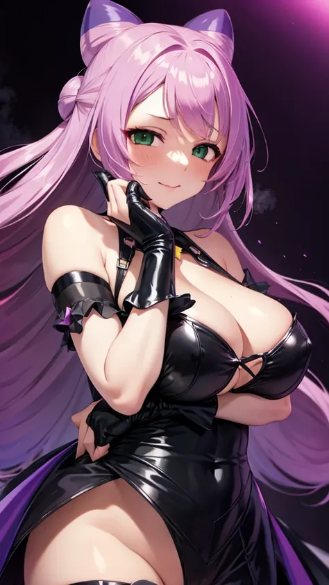 night、Pokemon　Mimosa、Purple hair、Big Breasts、adult、Black Background、Evil background、Hotel Bedroom、Sensual pink light、Gothic　Lolita、Upper Body、tall、Black long gloves、Upper Body、Evil female warrior、Dark Side、Condescending Sneer、Fallen into evil、Fall into Dar...