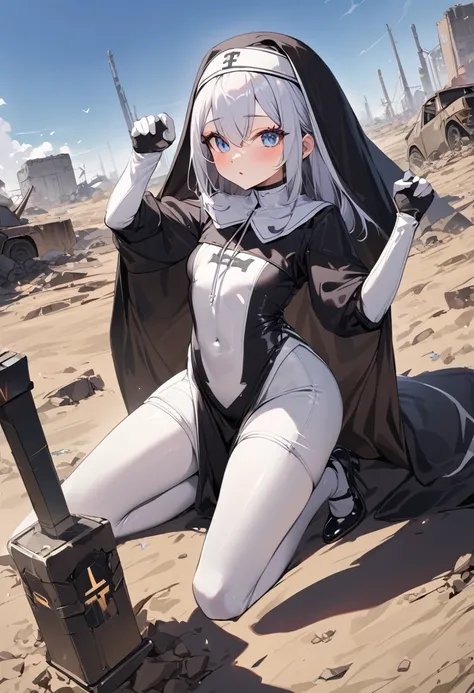 (masterpiece, best quality:1.1), (ultra highres, ultra-detailed:1.2),pop-style, one girl,nun costume,(posing),(has Mjolnir,near future technology),BREAK (wasteland,no mans land),dynamic angle,