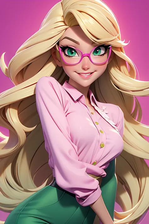 Create a character of a stunning disney woman. blond, fine and long hair, white skin tone, eyes black, Square-shaped prescription glasses, thin lips, smiling, Wearing a pink blouse and green pants.