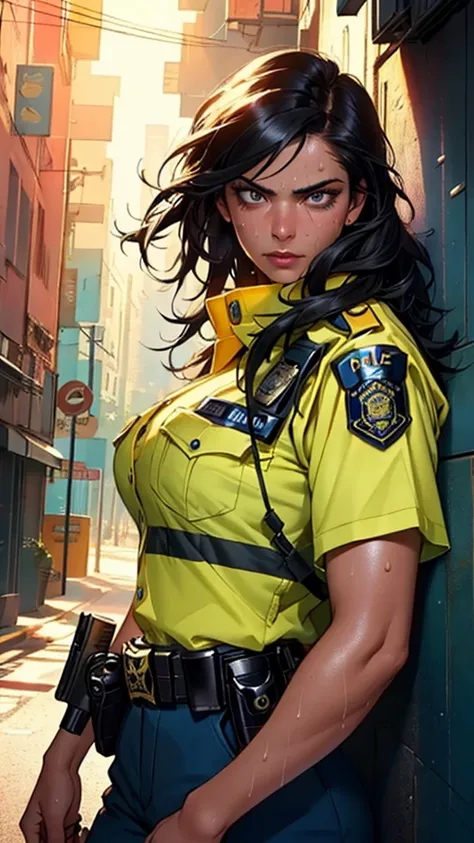 ((((masterpiece, best quality, high resolution)))), Extremely detailed 8K, 1 female, (Police Officer) wearing a cyberpunk police uniform and gear, (Ultra HD, Ultra-detailed, Highly detailed, Highly realistic, Ultra-realistic, photograph realistic), (1girl:...