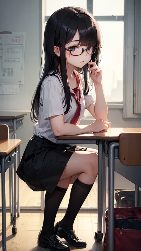 summer、Empty classroom、thick、Sweat、、high school girl、Student Bags、、Low length、(((((Eyes hidden by long bangs)))))、(((Long black hair:1.2　hair band)))(((Black-rimmed glasses:1.2　black eye)))、Backlight、evening、Nostalgic atmosphere、Look at this、Front view、Ful...