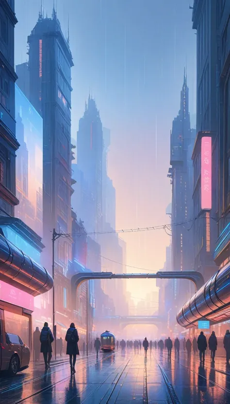 ((masterpiece)),((Best Quality)),((High detail)),((realist,)) Futuristic era city, architectural streets, futuristic train lines, cyberpunk, buildings, evening, european city, rainy, neon