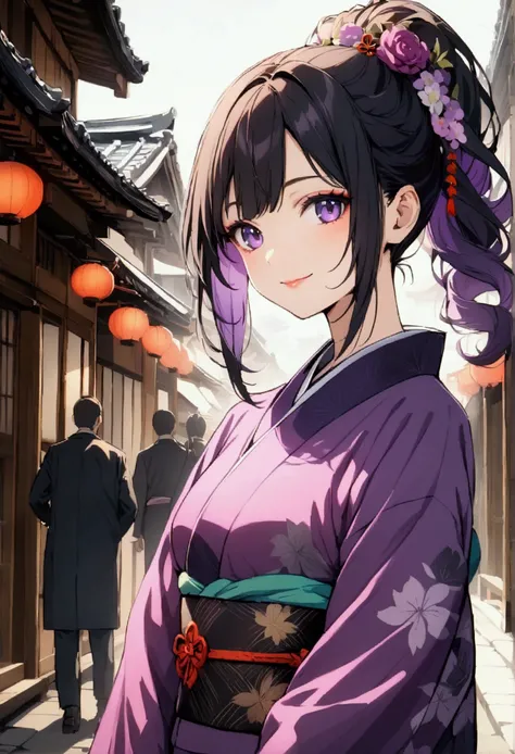 Kyoto, High resolution, Highest quality, 1 girl solo, smile, kimono, Black Hair, Purple highlights, ponytail